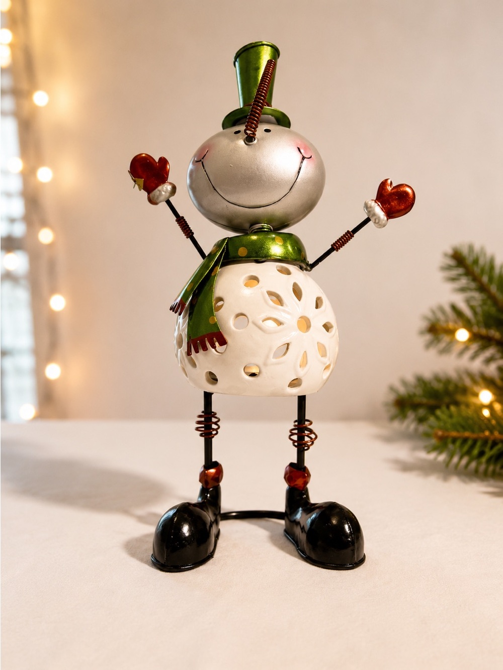 Green & White Metal Snowman Tea Light Holder - Holiday Decor
